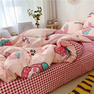Bộ Drap & Chăn Phao Cotton Poly Dâu Nhật