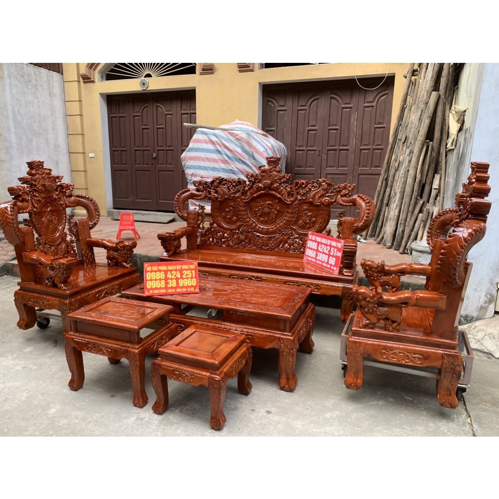 Bộ bàn ghế Rông Khuỳnh gỗ xà cừ tay 12