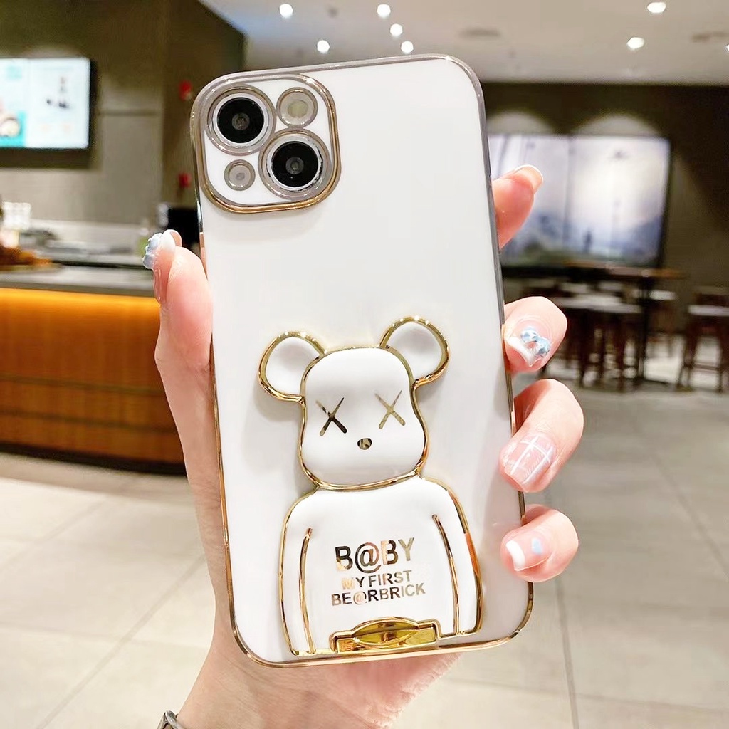 Ốp Điện Thoại Dẻo Viền Vuông Mạ Màu Kèm Giá Đỡ Hình Gấu Cho Samsung Galaxy S22 S21 S20 Note 10 S10 Plus S20 FE Note 20 Ultra