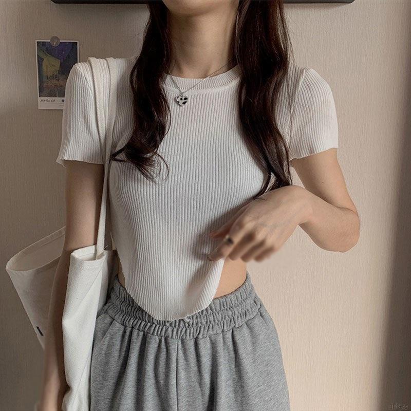Áo Croptop Dệt Kim Tay Ngắn Cổ Tròn Màu Sắc Đơn Giản Phong Cách Hàn Quốc Cho Nữ