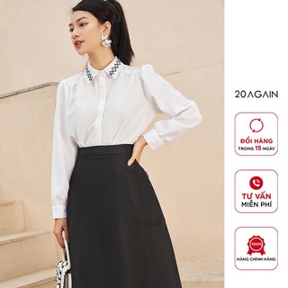 Áo sơ mi nữ voan trắng công sở 20AGAIN dài tay, thêu lá cổ ASW0848