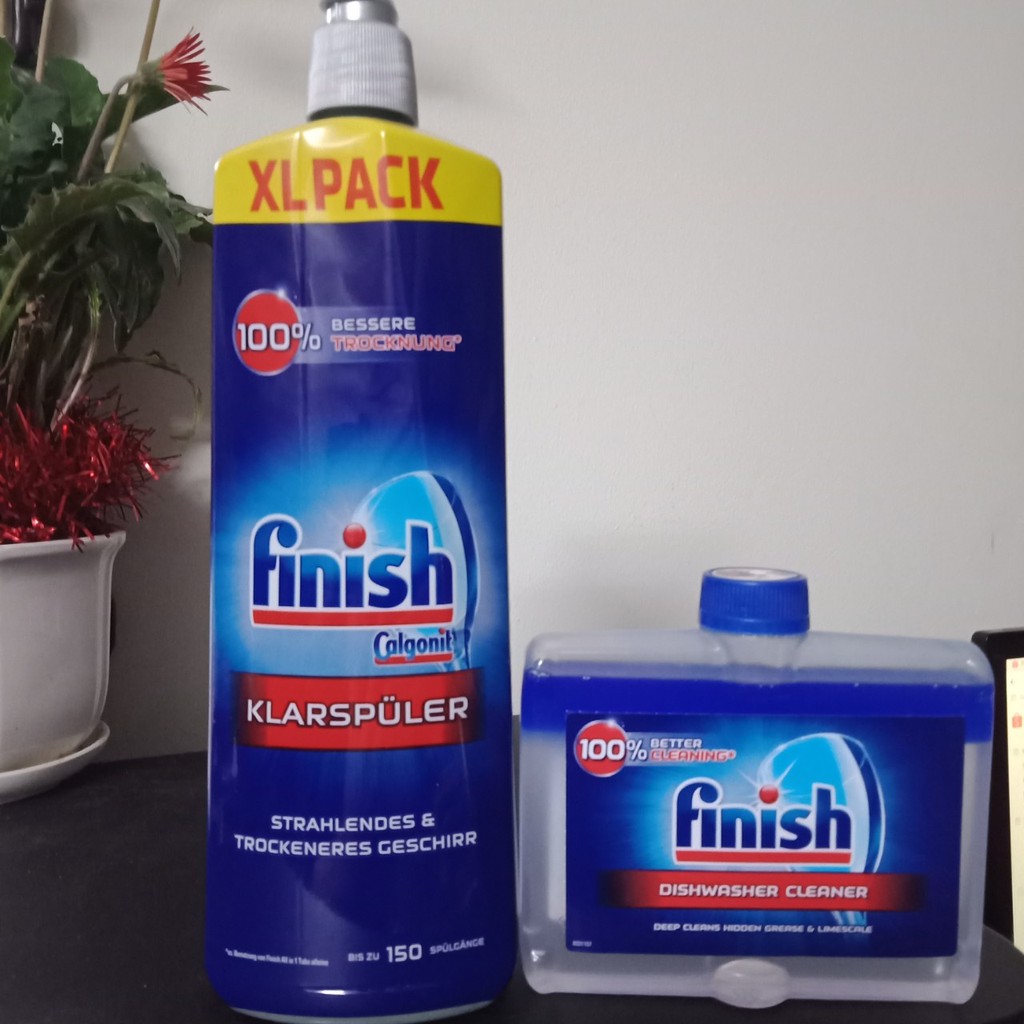 Nước vệ sinh bảo trì máy rửa bát Finish ( Đức ) 250ml+ chai nước làm bóng và khô bát đĩa Finish 750 ml