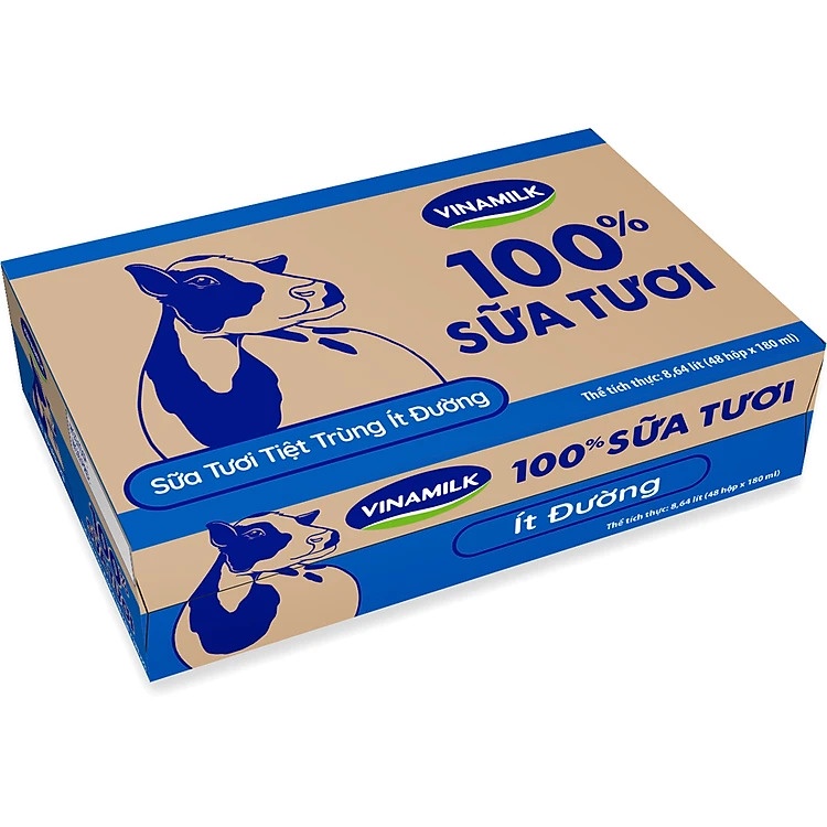 Thùng 48 Hộp Sữa Tươi Tiệt Trùng Vinamilk 100% Ít Đường 180ml
