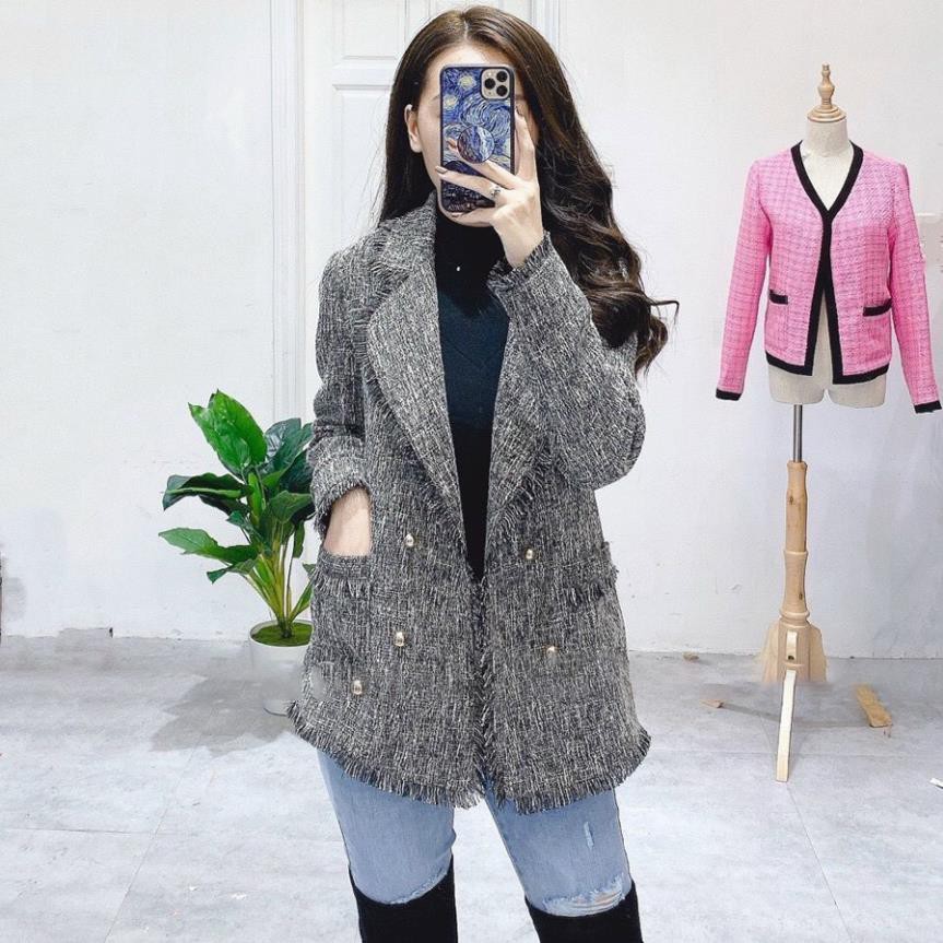 Áo dạ nữ dài tay TEMA - Áo dạ tweed xám ghi tua rua siêu xinh