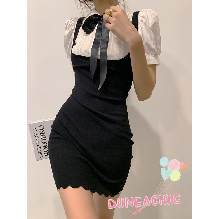 DUNEA Đầm Tay Ngắn Cổ Polo Xếp Ly Phối Dây Thắt Nơ Xinh Xắn Cho Nữ