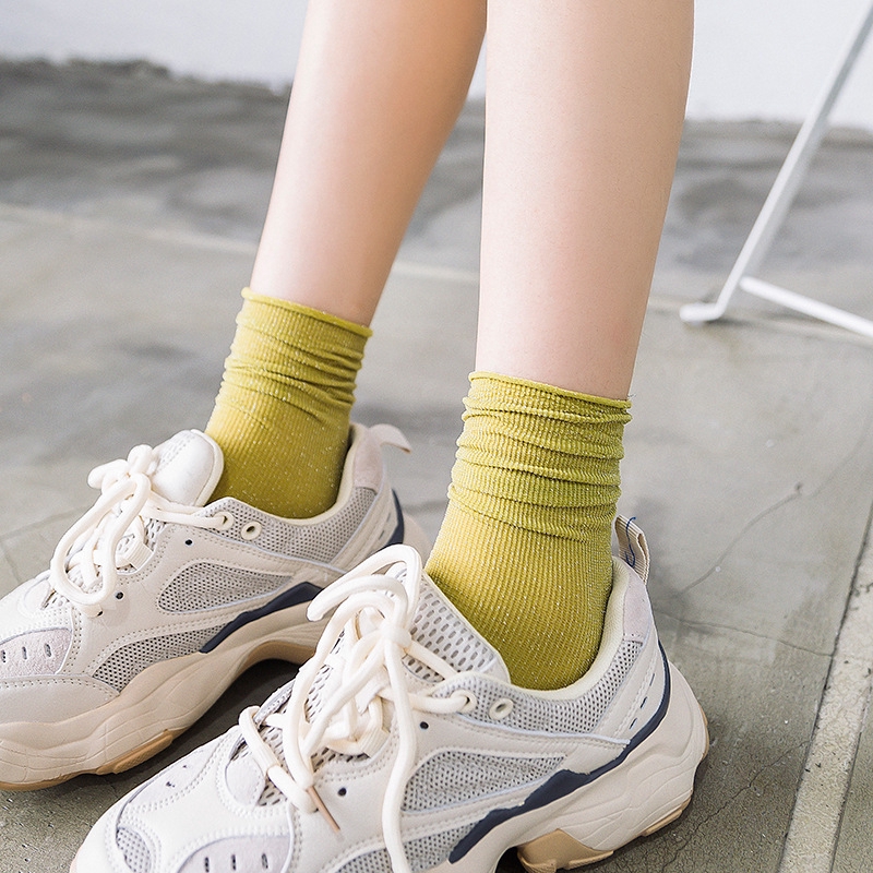 Korean Solid Shiny Socks Woman New Trend Metallic Line Long Loose Female Socks Fashion Harajuku Glitter Heap Tube Socks Silver