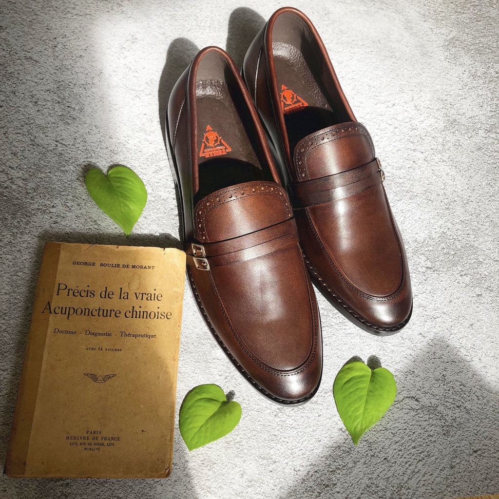 Giày lười Loafer da bò thật VSMAN - Giày mọi nam công sở hai dây khóa ngang kiểu dáng ôm chân dành cho quý ông - KPG005