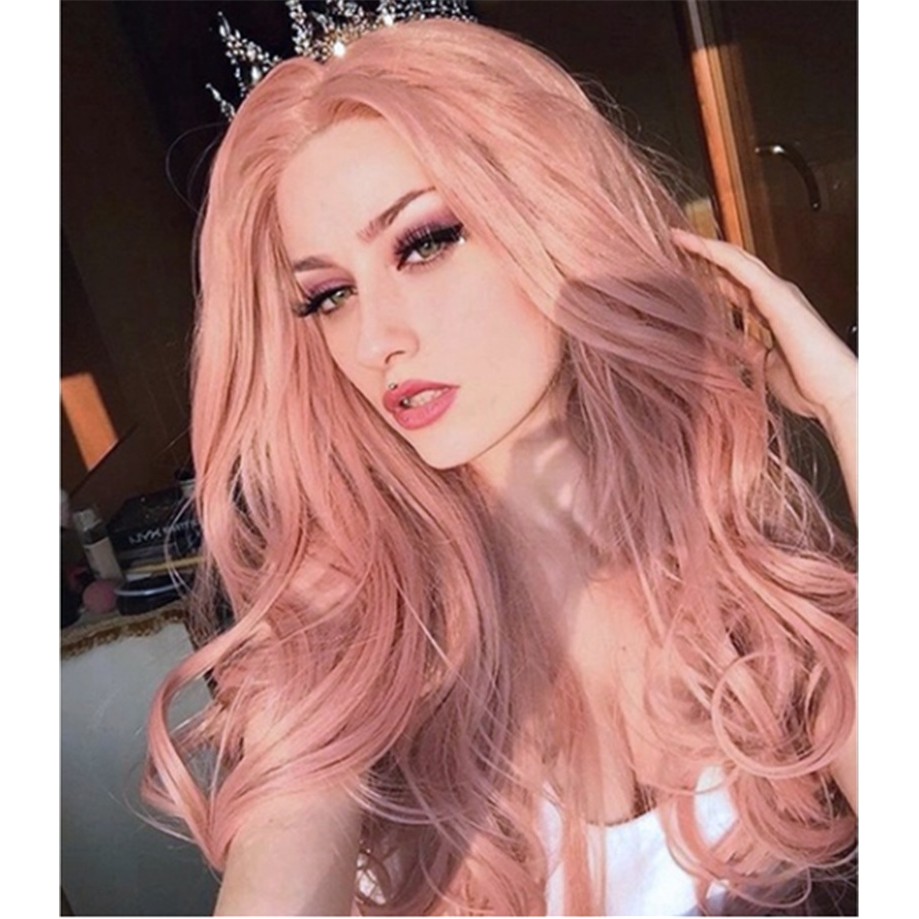 Bộ Tóc Giả Nữ Xoăn Dài Màu Hồng Cá Tính