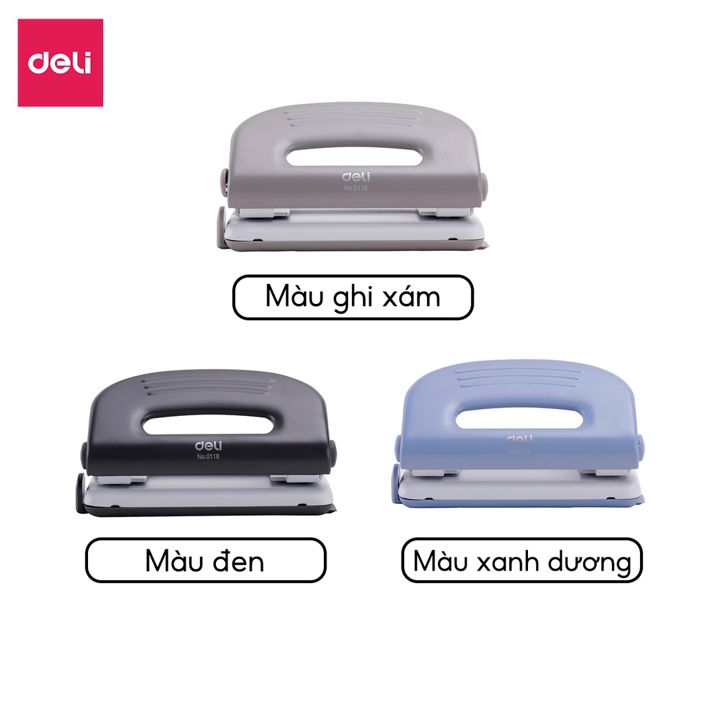Máy đục lỗ Vỏ kim loại 10 tờ Deli - Màu Ghi Xám/Đen/Xanh Dương - 1 cái E0118