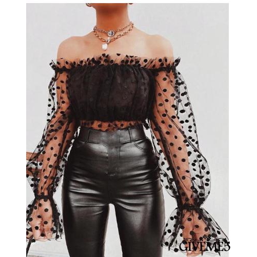 Áo Tay Dài Trễ Vai Hoạ Tiết Chấm Bi Cho Nữ