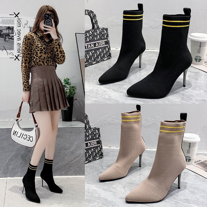 ㍿☁35-43 thước Anh cộng với kích thước giày của phụ nữ đàn hồi dệt kim mũi nhọn bít tất giày ống 41 lưới giày cao gót màu