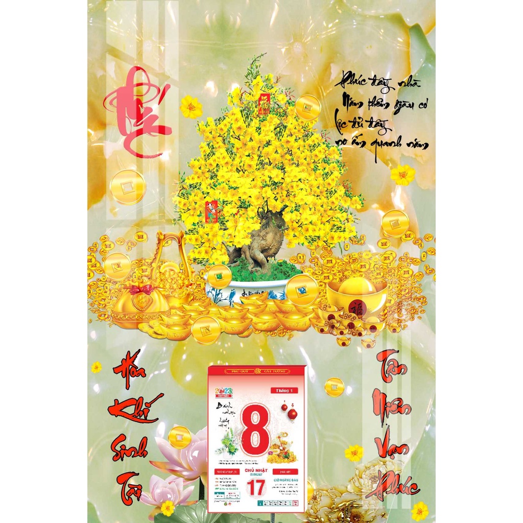 Lịch Gỗ Treo Tường Laminate Tráng Gương 2023 (40x60cm) - Cây Mai Vàng