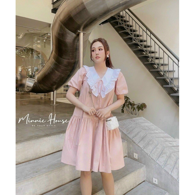 Đầm suông babydoll phối bèo hồng dễ thương