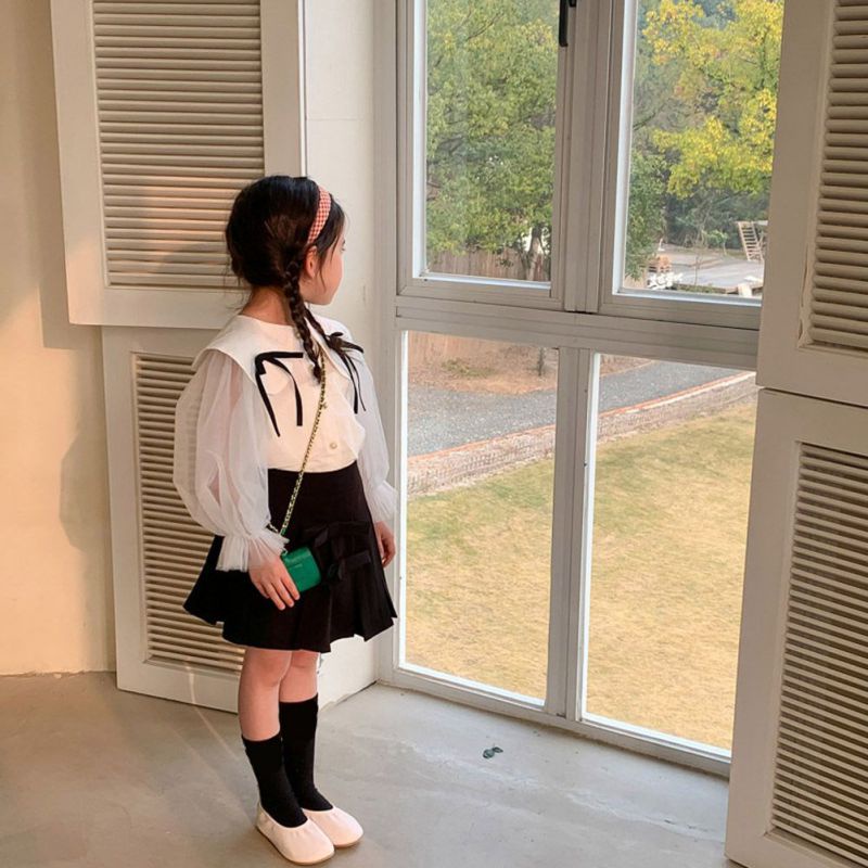 Áo Sơ Mi Trắng Cổ Búp Bê Đính Nơ Xinh Xắn Cho Bé Gái