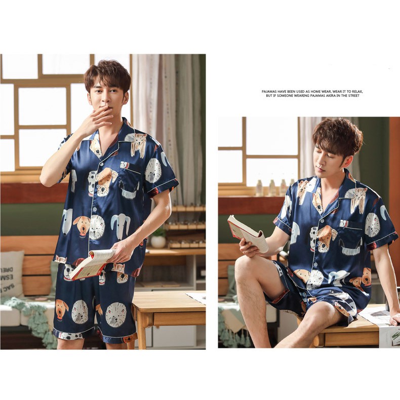 Thoshine Bộ Đồ Ngủ Nam Lụa Satin Mùa Hè Thương Hiệu Áo Thun & Quần Đùi Quần Áo Ngủ Nam In Họa Tiết Đóng Nút Quần Áo Ngủ | BigBuy360 - bigbuy360.vn