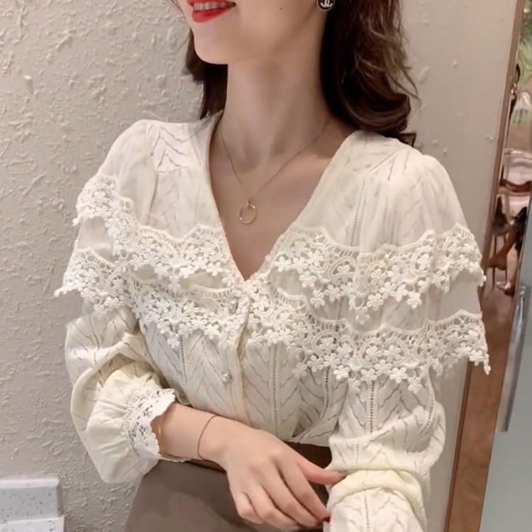 Áo Sơ Mi Cổ Chữ v Phối Ren Phong Cách Hàn Quốc Thời Trang Cho Nữ