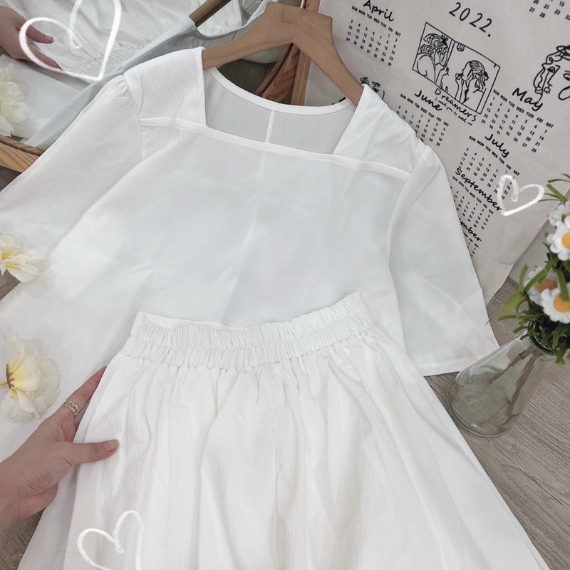 Set áo tay lửng + chân váy midi xoè lưng thun