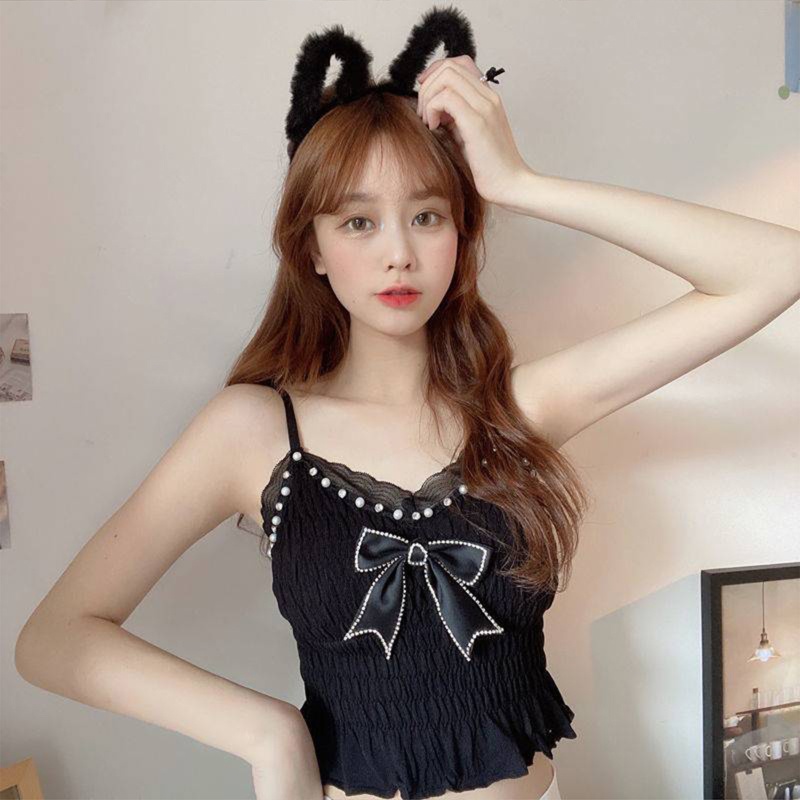 Áo Croptop Hai Dây Cổ Chữ V Thắt Nơ Phối Ngọc Trai Gợi Cảm Cho Nữ