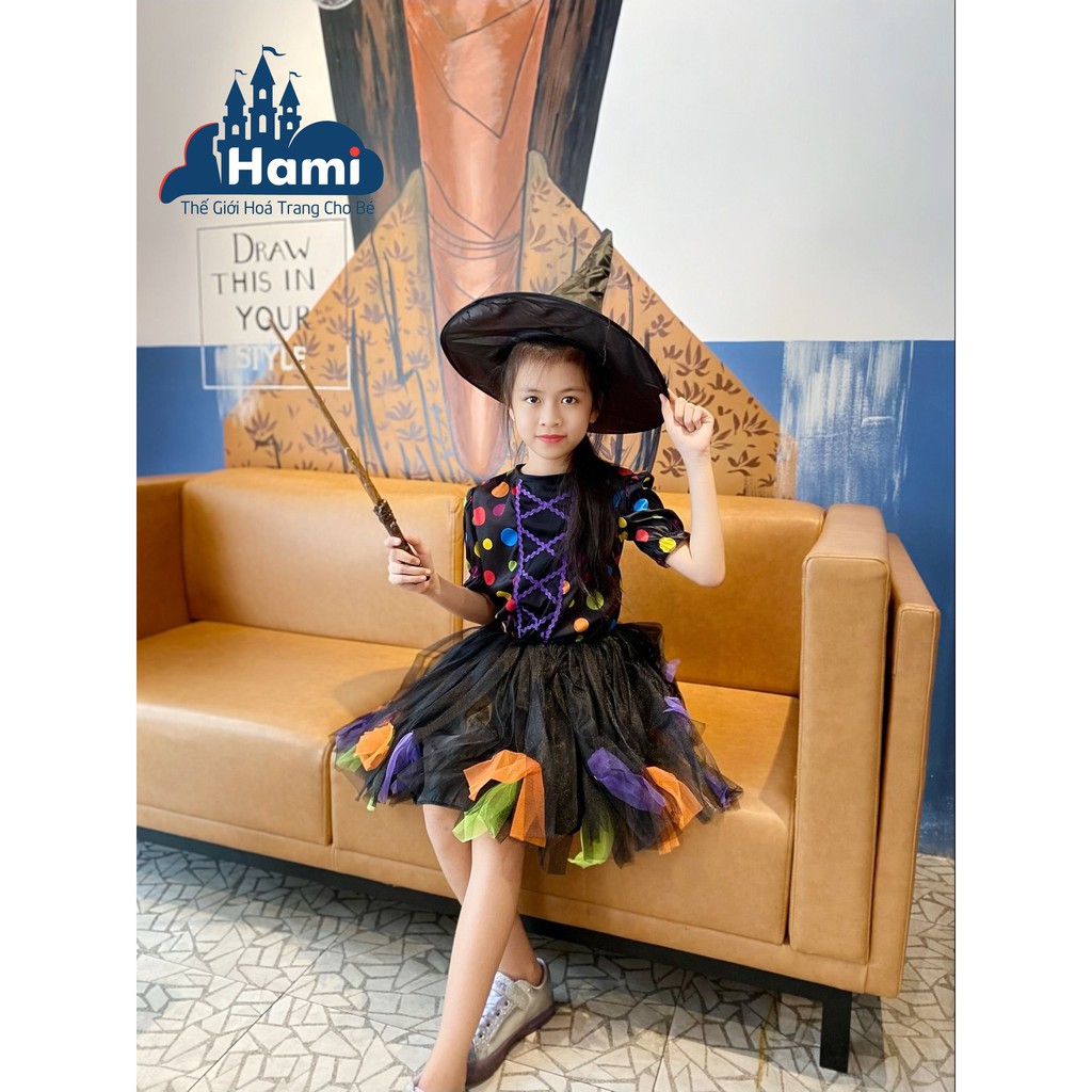 HM0049 - Đầm Hóa Trang Phù Thủy Chấm Bi Kèm Nón Cho Bé Gái