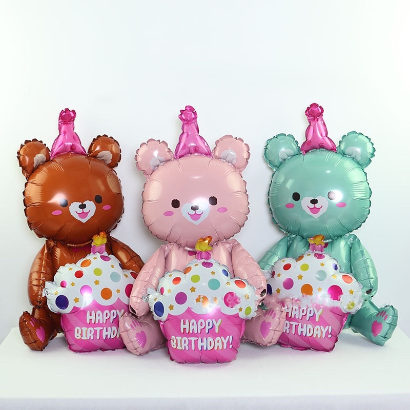 Bóng trang trí gấu ôm bánh kem, gấu teddy