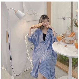 Váy sơ mi kẻ xanh dài tay (kèm đai) đầm sơ mi dáng suông bigsize <65kg