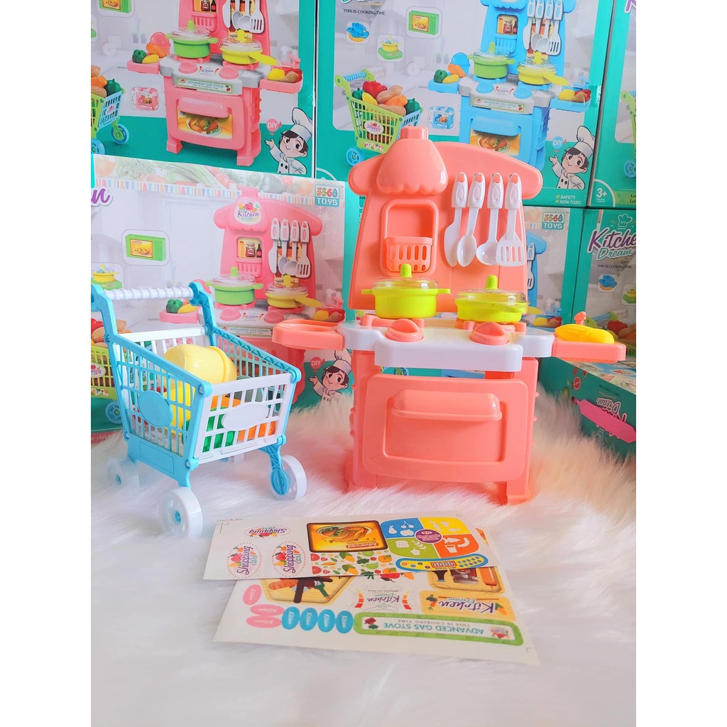 Bộ đồ chơi nấu ăn 2 trong 1 bếp kèm xe đẩy siêu thị cho bé