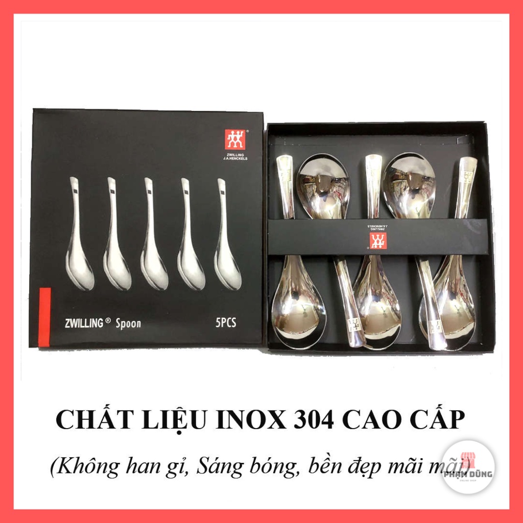 Bộ 5 muỗng inox 304 cán ngắn công nghệ Đức, combo 5 thìa ăn cơm cháo phở thép không gỉ
