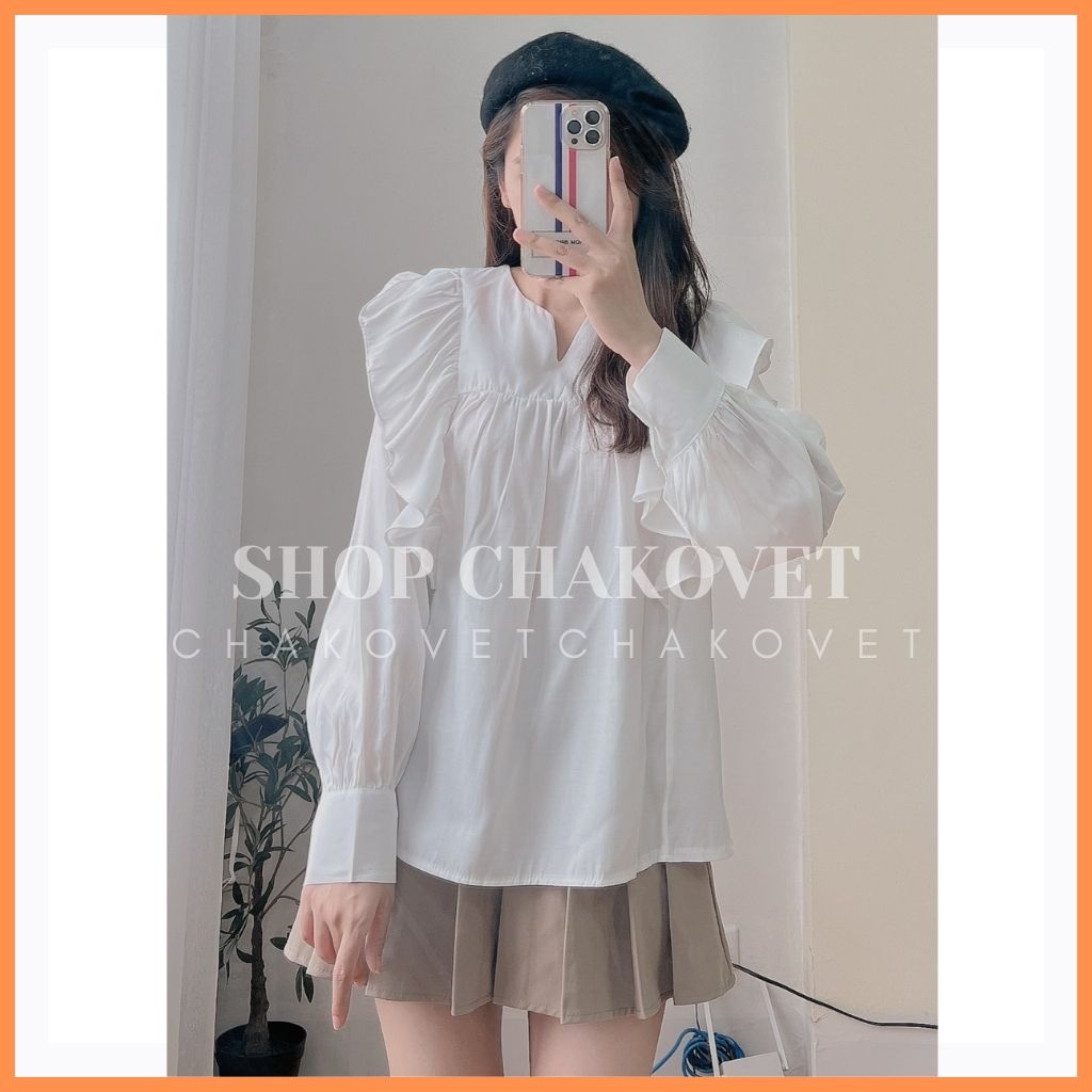 Áo sơ mi nữ tay phông dài tay màu trăng A8201 kiểu cổ V bèo vai cá tính tiểu thư