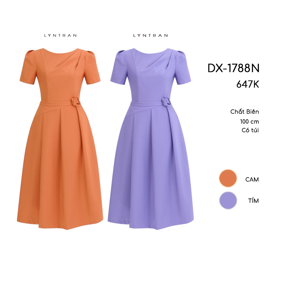 Đầm xòe ly nữ cổ tròn xếp ly chéo vai tay ngắn kết hoa eo thủ công tại eo DX-1788N - LynTran