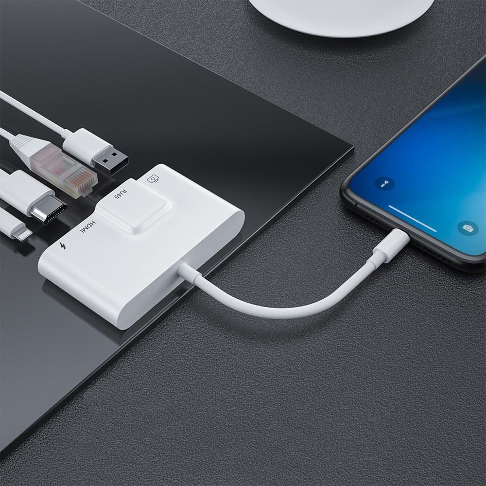 AMORUS Đầu chuyển đổi Lightning sang USB OTG+ RJ45 + HDMI + cổng sạc chuyên dụng