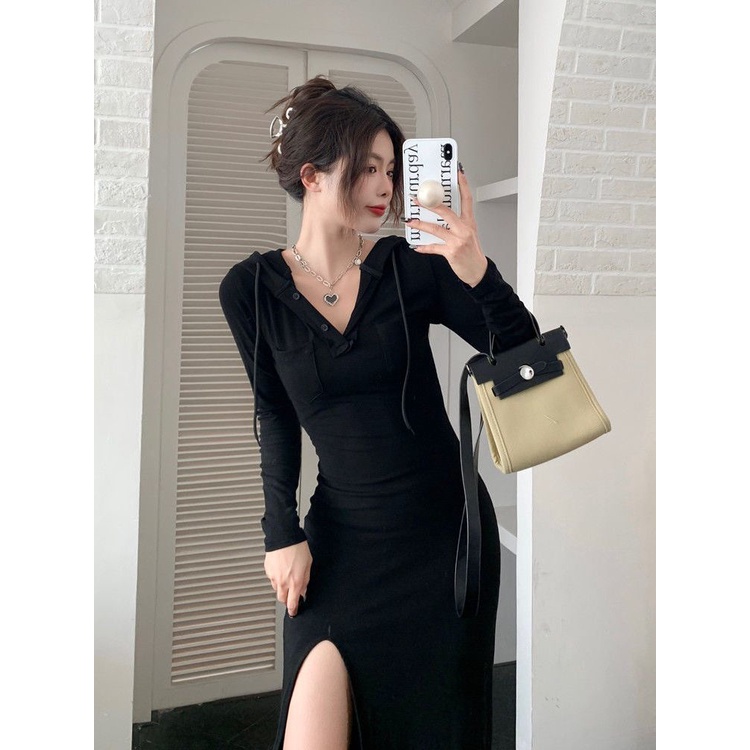 COZOK Đầm Midi Tay Dài Có Mũ Trùm Đầu Kiểu Dáng Trẻ Trung Năng Động