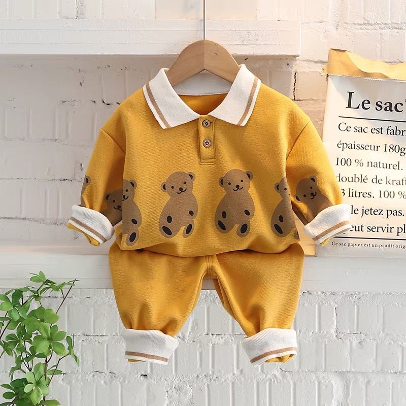 Bộ nỉ cho bé in hình chú gấu Đồ bộ thu đông dài tay bé trai, bé gái phối viền cá tính 1 2 3 4 5 6 tuổi