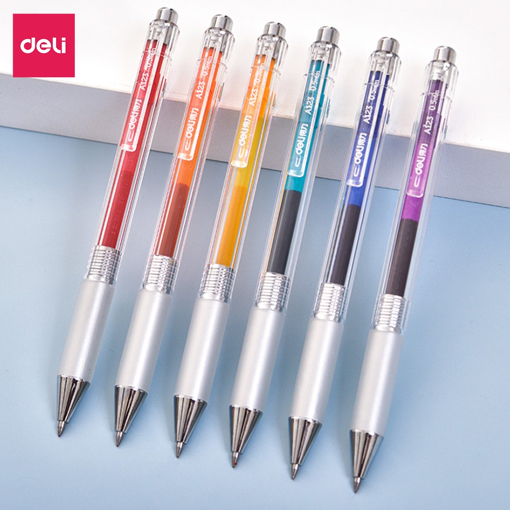 Bộ 6 bút gel mực nước nhiều màu 0.5mm Deli tiện dụng có đệm tay cao su cao cấp nét viết trơn tru dùng trang trí sổ A123