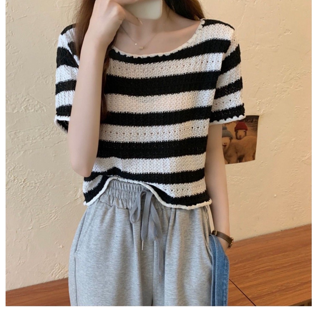 Áo Thun Dệt Kim Ngắn Tay Cổ Tròn Họa Tiết Kẻ Sọc Dáng Rộng Thời Trang Cho Nữ JL-TX-193