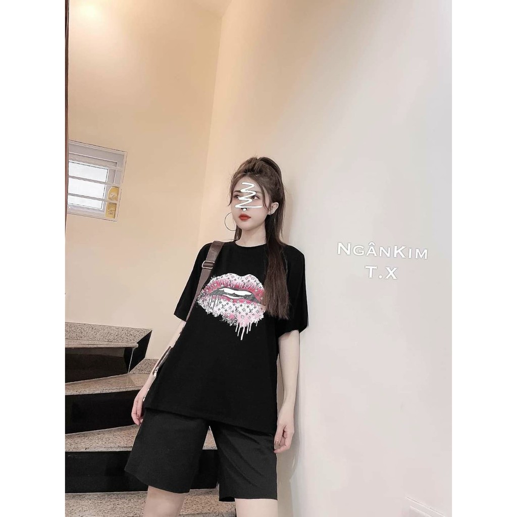 ÁO PHÔNG NGẮN TAY IN MÔI NỮ 2 MÀU TRẮNG ĐEN