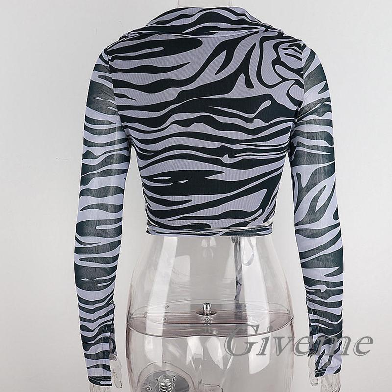 GIVEME-Women´s Spring Summer Crop Tops Long Sleeve U Neck Zebra Print Mini Bandage T-shirt