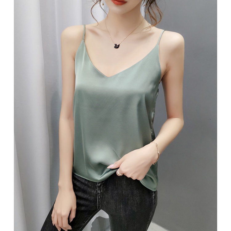 Áo hai dây nữ lụa satin kiểu cổ tim V hàn quốc đẹp dễ thương bigsize LOKISO AK02