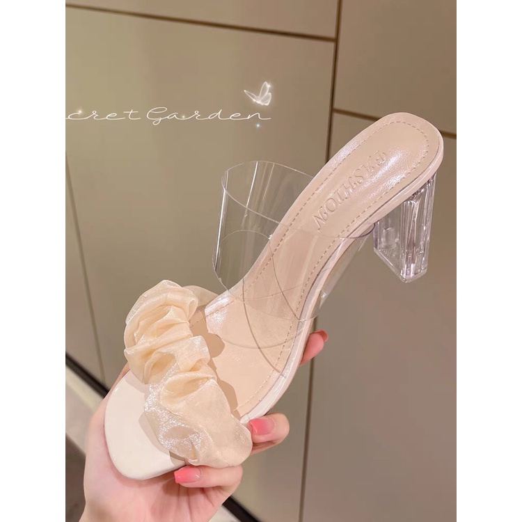 Guốc cao gót vuông 9 phân AICHIRO quai ngang bèo nhún mềm êm thời trang.Ms: GUỐC NHÚN BÈO