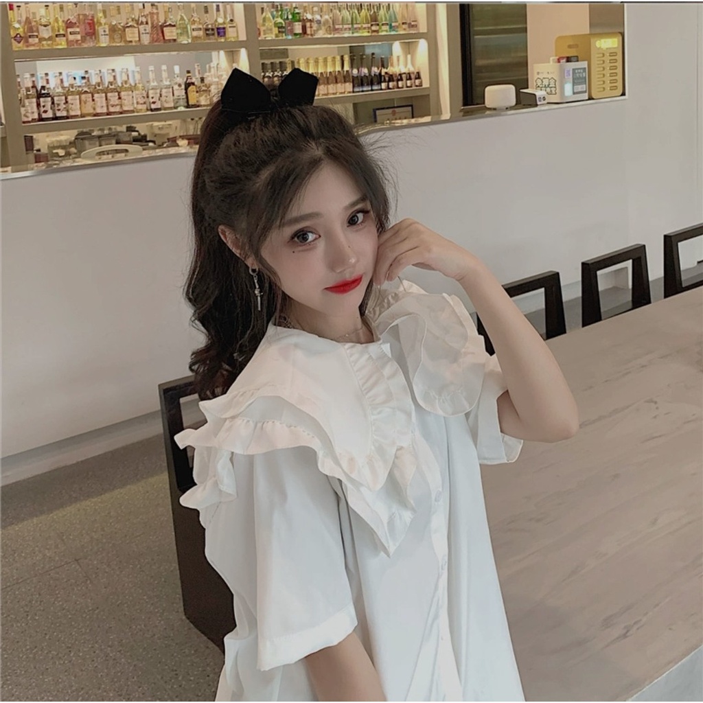 Áo sơ mi nữ cộc tay ngắn form rộng vừa họa tiết cổ tròn bèo kiểu dáng hàn quốc Áo sơ mi trắng tay lỡ đi học không túi