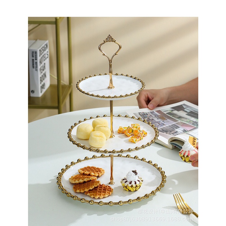 Khay, đĩa đựng bánh kẹo, mứt tết, trái cây 3 tầng gốm sứ viền vàng kim decor trang trí