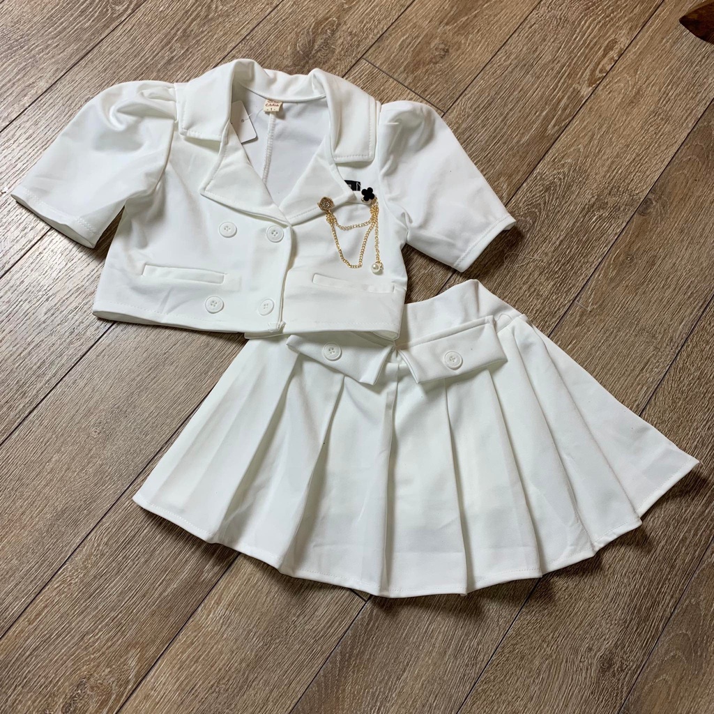 Set váy Vest bé gái hồng Áo và Chân váy xếp ly liền quần