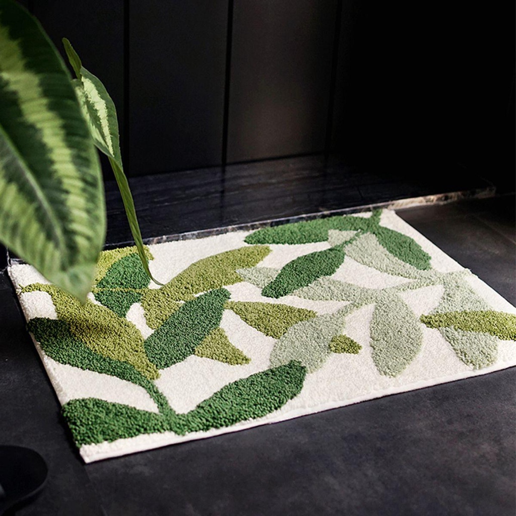 Thảm Lót Sàn Nhà Tắm Bằng Sợi Microfiber Siêu Thấm Hút Chống Trượt Họa Tiết Lá Xanh
