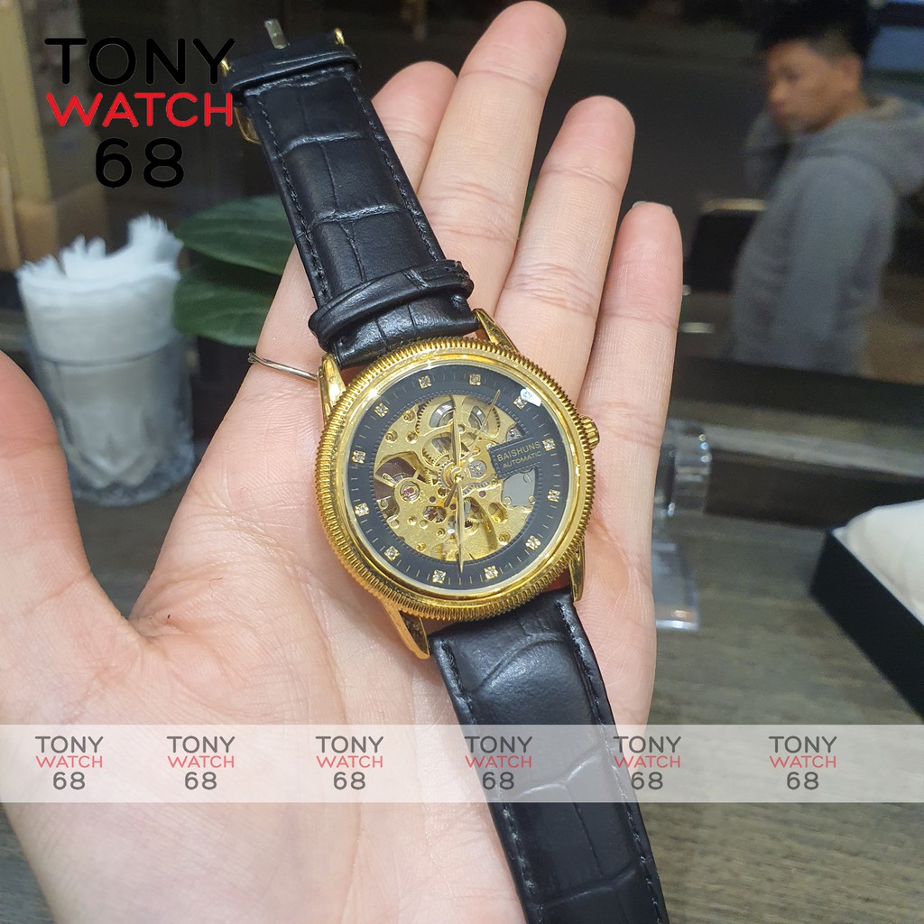 Đồng hồ cơ nam lộ máy giá rẻ dây da chính hãng Baishuns chống nước Tony Watch