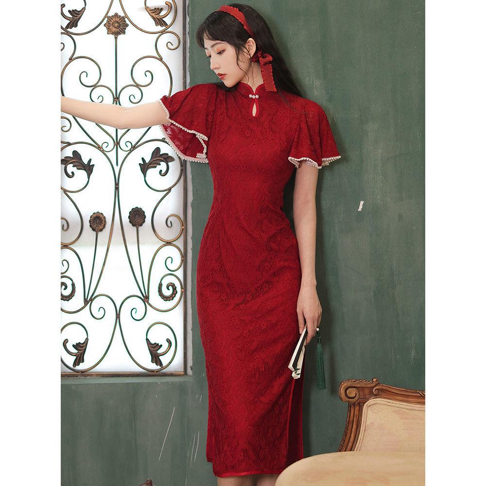 Sườn Xám Cách Tân Màu Đỏ Phong Cách Trung Hoa Thời Trang Mùa Hè 2022 Mới Cho Cô Dâu