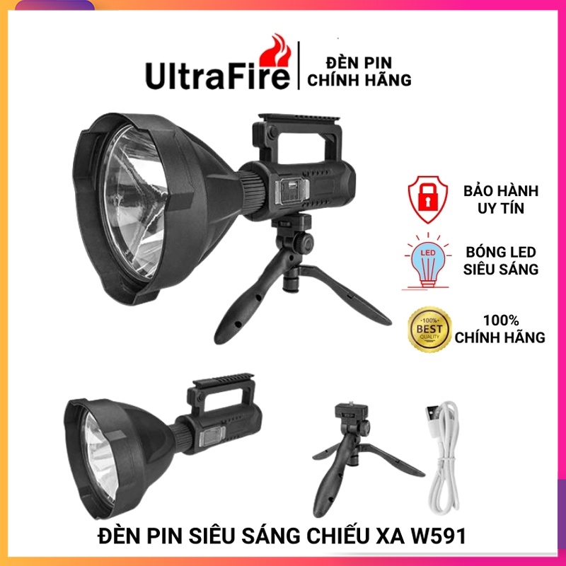 Đèn pin công suất lớn ⭐ Đèn pin cầm tay W591 siêu sáng  ⭐ chiếu xa trên 500m, có chân đế chống nước - Bảo hành 12 tháng