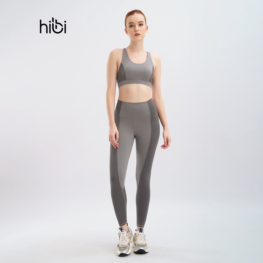 Set Đồ Tập Yoga Gym Luxury Hibi Sports H149 phối hai màu, màu xám, Kèm Mút Ngực, Chất Vải Cao Cấp Lu Fabric