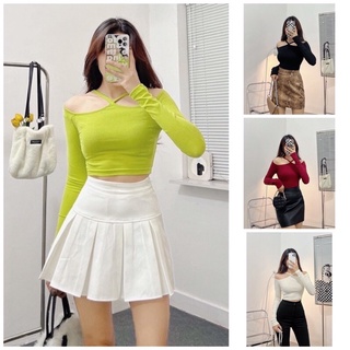 Áo kiểu trễ vai nữ croptop tay dài basic