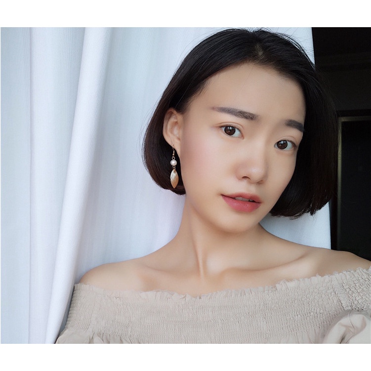 Bông tai móc treo dài chiếc lá ngọc trai nhân tạo cho nữ