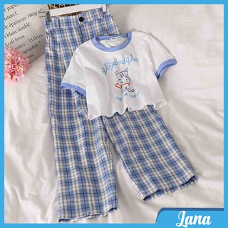 Bộ đồ nữ LaNa áo thun basic kết hợp quần ống rộng kẻ caro phong cách, cá tính B01