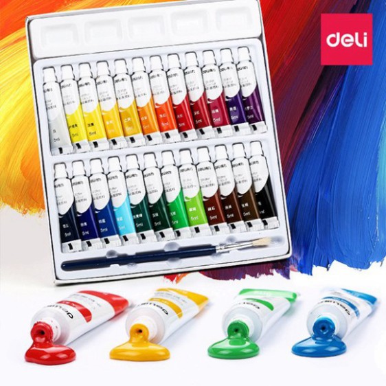 Màu nước Acrylic dạng tuýp 5ml Deli - 24 màu - 1 hộp - vẽ được trên nhiều bề mặt khác nhau, bộ sơn acr